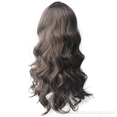 cheapest long black body wave premium synthetic hair wig with bangs